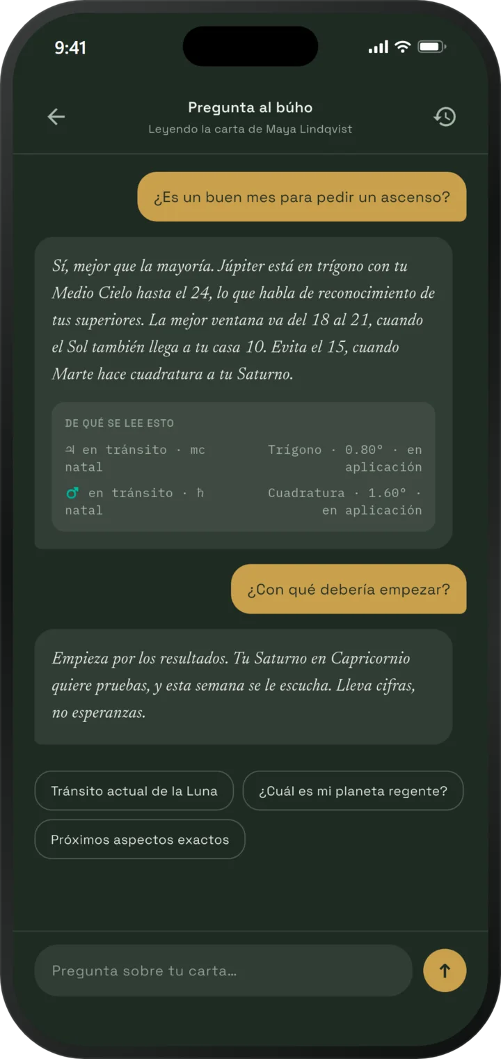 Chat de Pregunta al búho respondiendo si es un buen mes para pedir un ascenso, citando los tránsitos