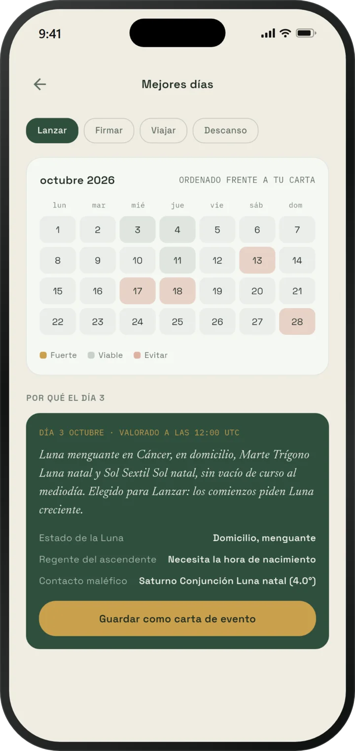 Planificador de mejores días de EsperOwl: calendario mensual clasificado como fuerte, viable o evitar, con las razones del mejor día