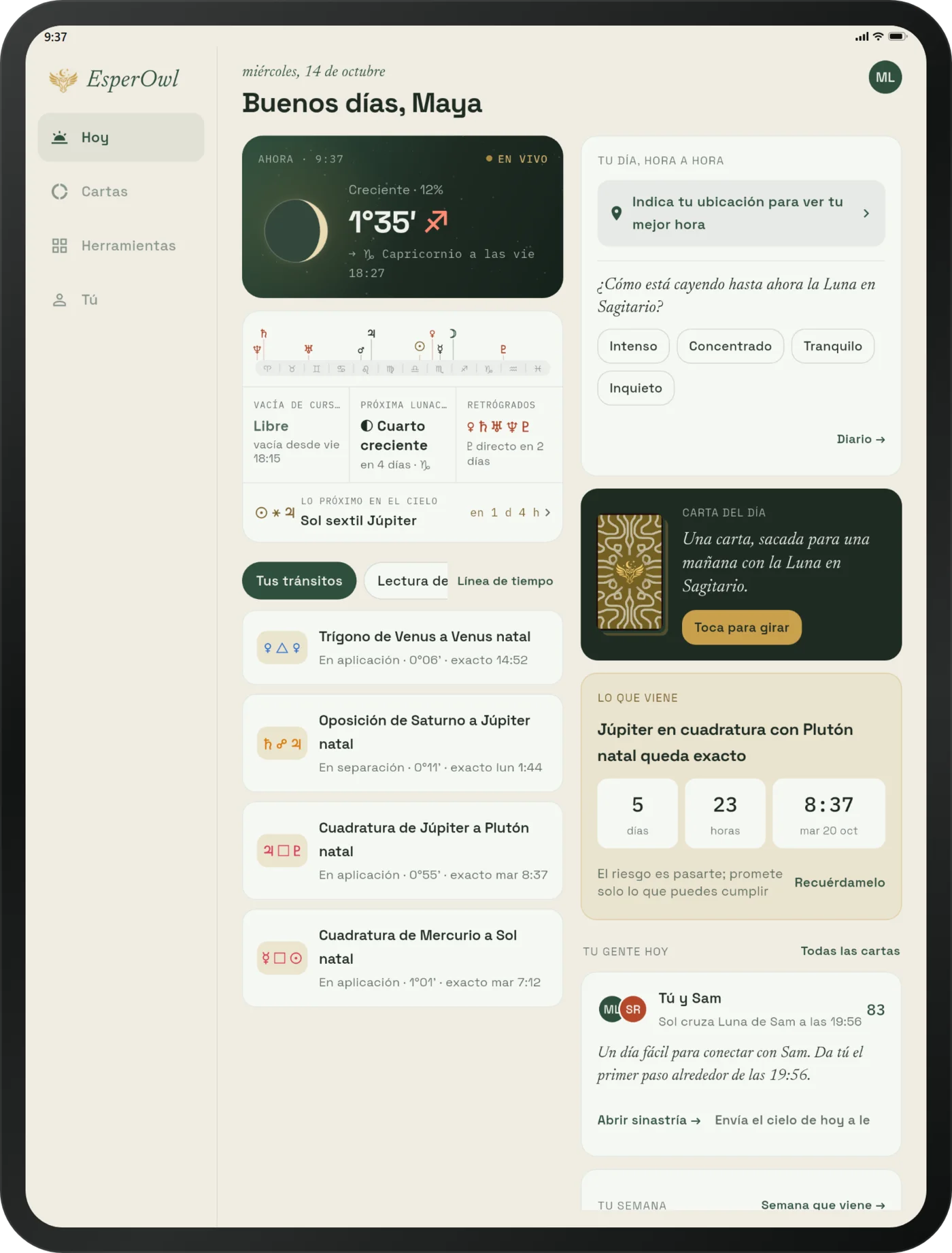 EsperOwl en iPad: la pantalla Hoy en dos columnas con menú lateral