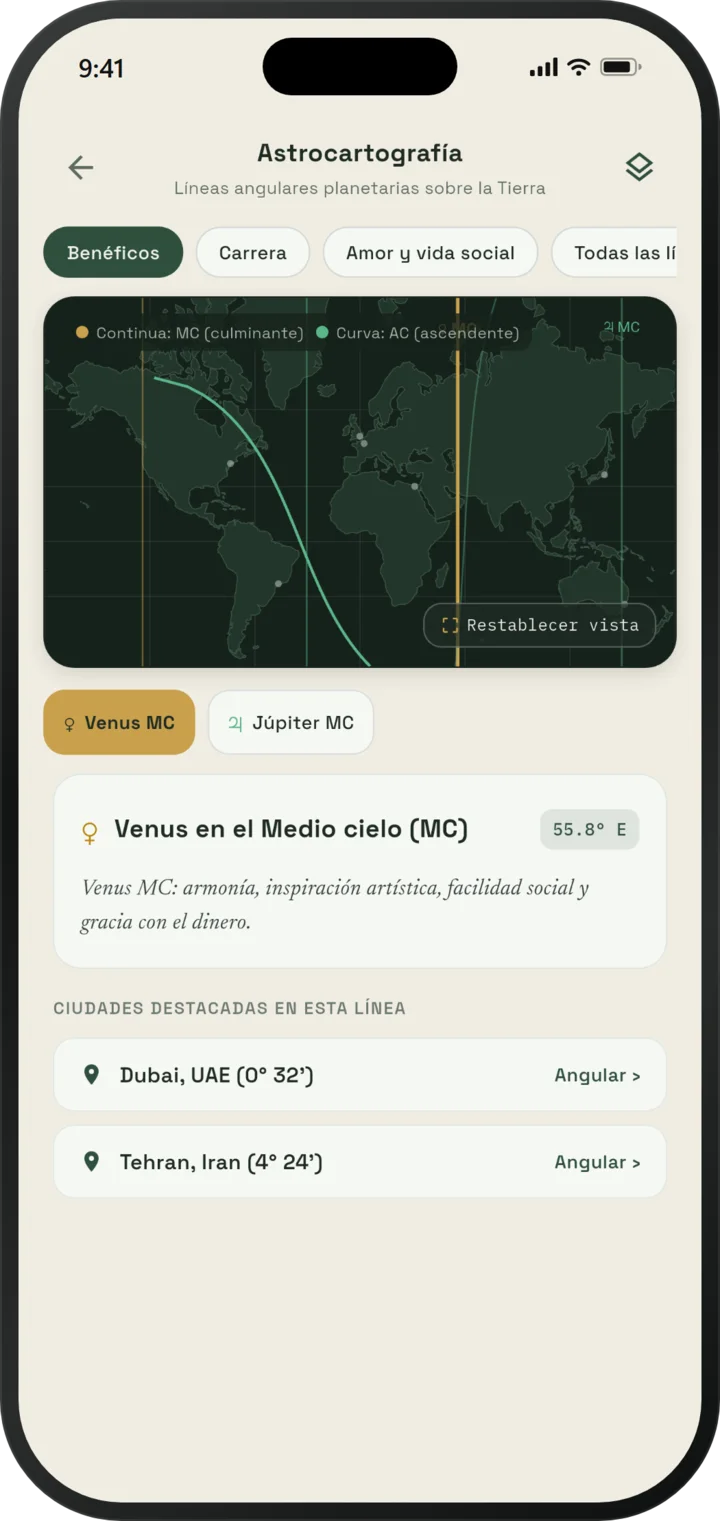 Mapa de astrocartografía de EsperOwl con líneas planetarias de MC y Ascendente por el mundo