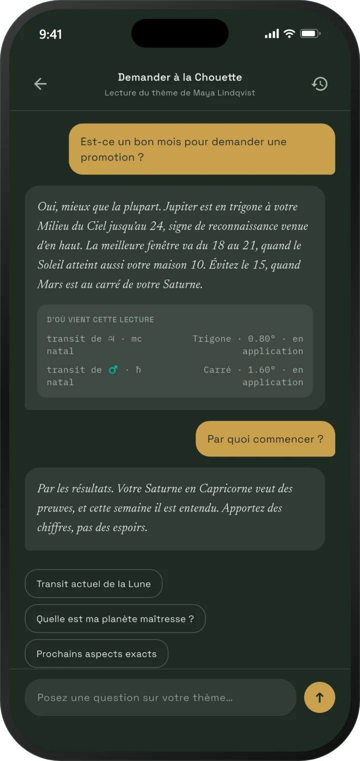 Demander à la Chouette répond s'il est opportun de demander une promotion ce mois-ci, en citant les transits
