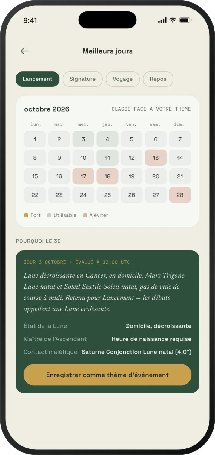 Planificateur des meilleurs jours d'EsperOwl : calendrier du mois classé favorable, faisable ou à éviter, avec les raisons du meilleur jour