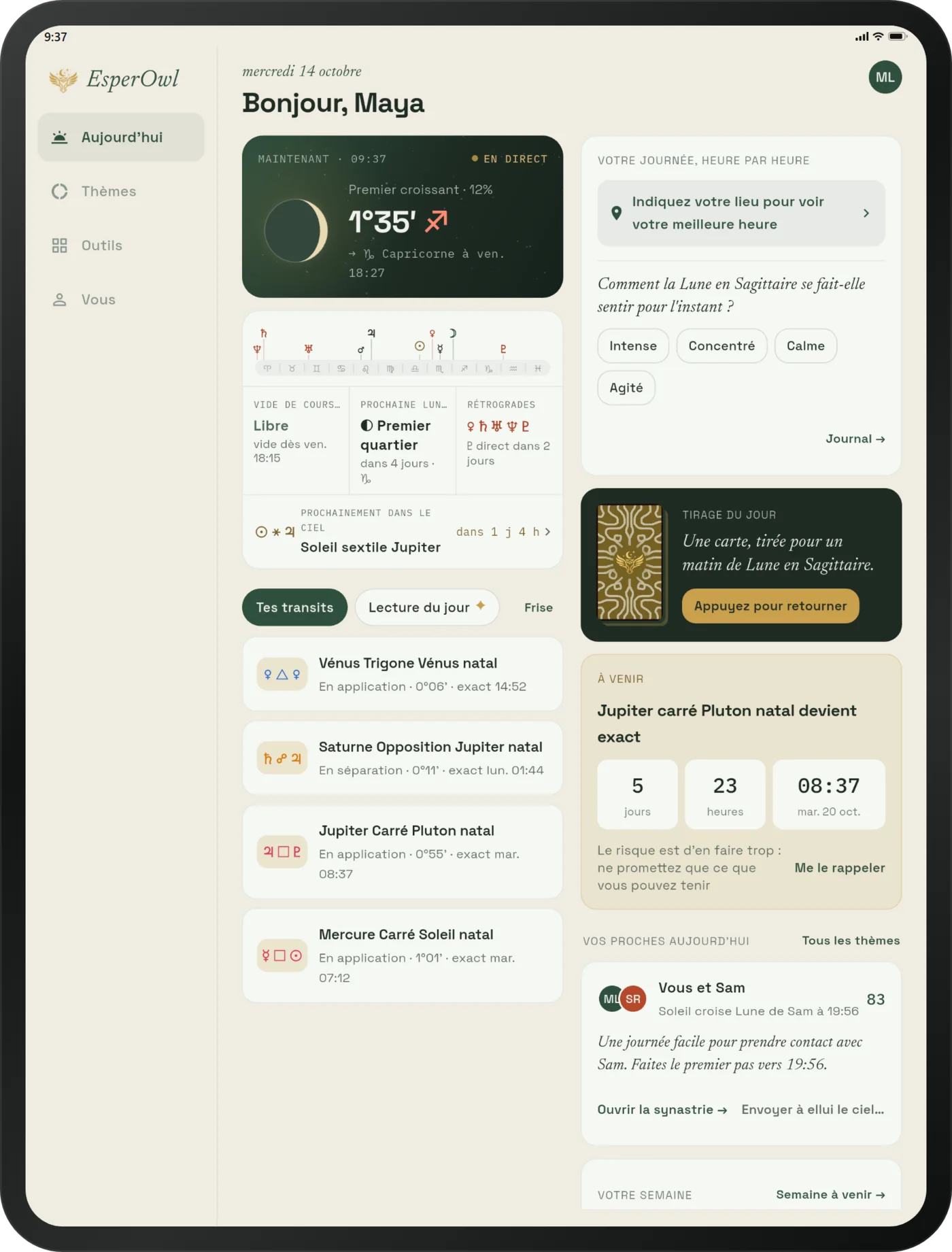 EsperOwl sur iPad : l'écran Aujourd'hui sur deux colonnes avec un menu latéral