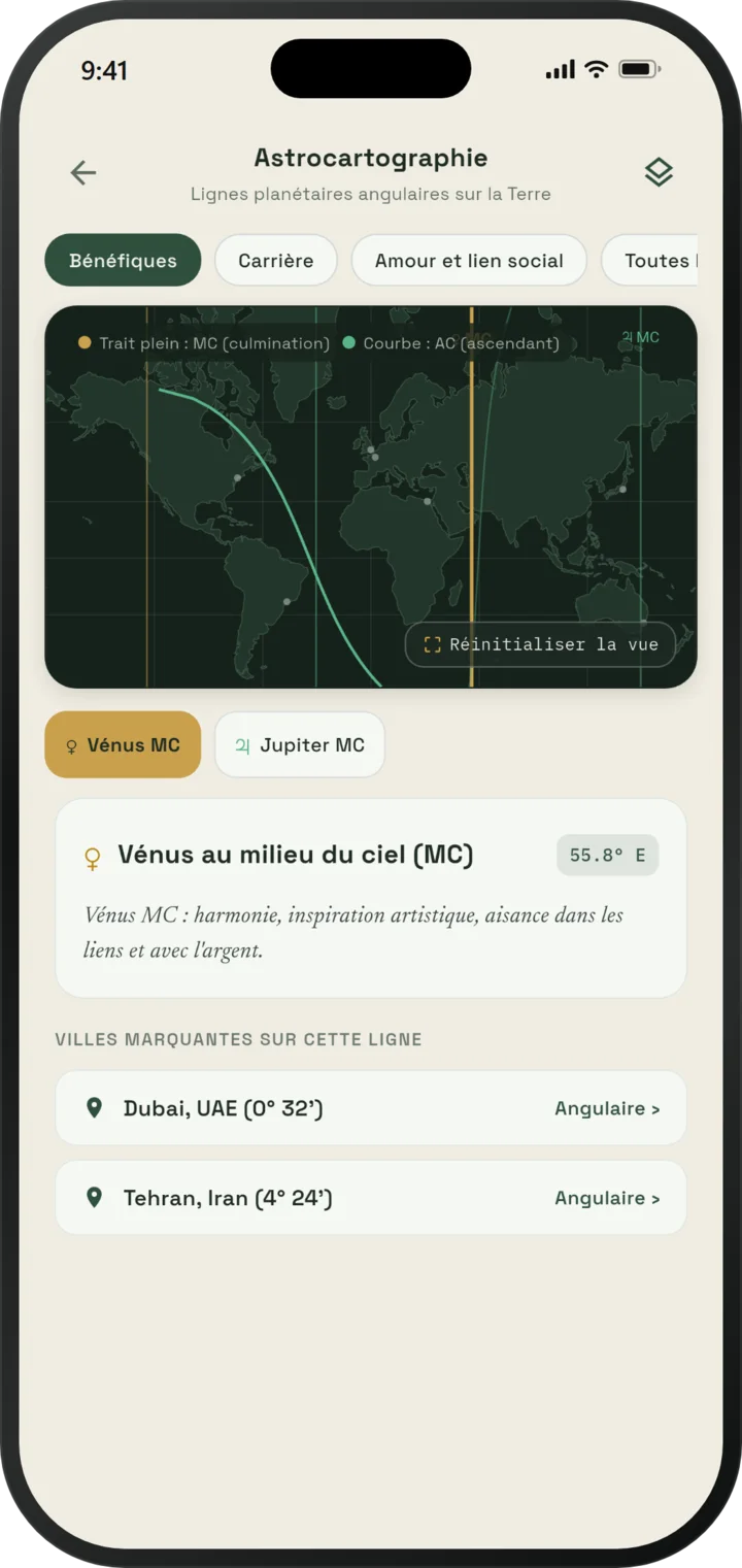 Carte d'astrocartographie d'EsperOwl avec les lignes MC et Ascendant des planètes à travers le monde