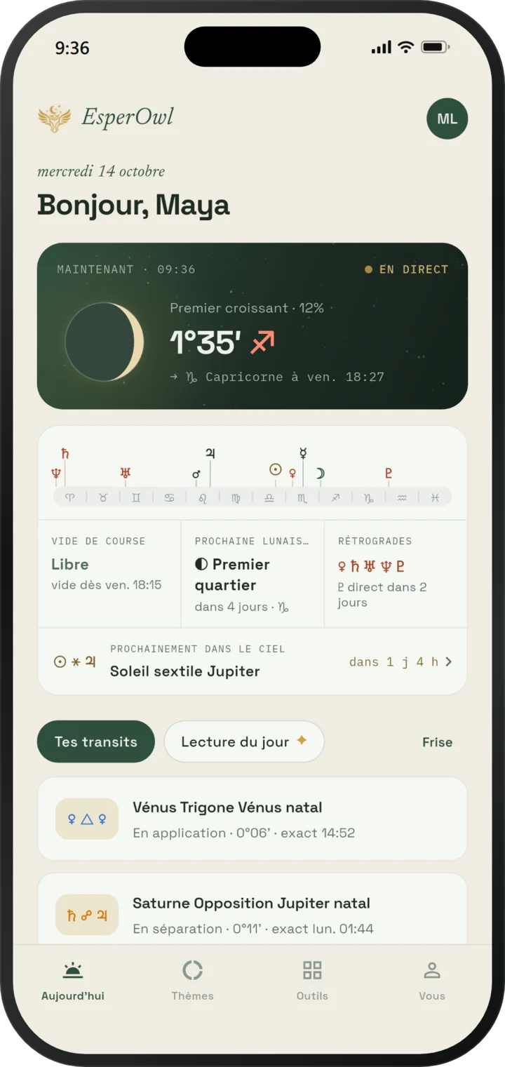 L'écran Aujourd'hui d'EsperOwl : le degré et le signe de la Lune, la Lune vide de course, la prochaine lunaison et les transits du jour à un thème natal
