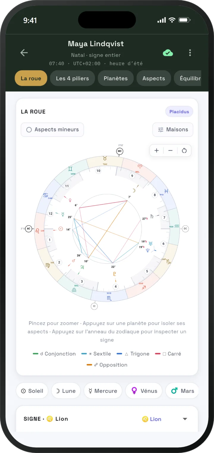 Roue du thème natal d'EsperOwl avec maisons et aspects