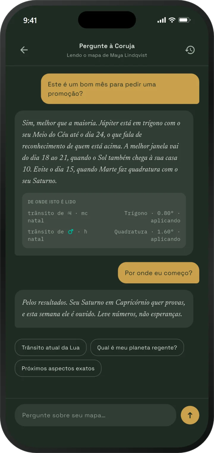 Pergunte à Coruja respondendo se este é um bom mês para pedir uma promoção, citando os trânsitos