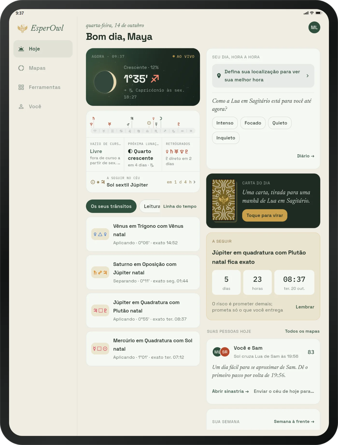 EsperOwl no iPad: a tela Hoje em duas colunas com menu lateral