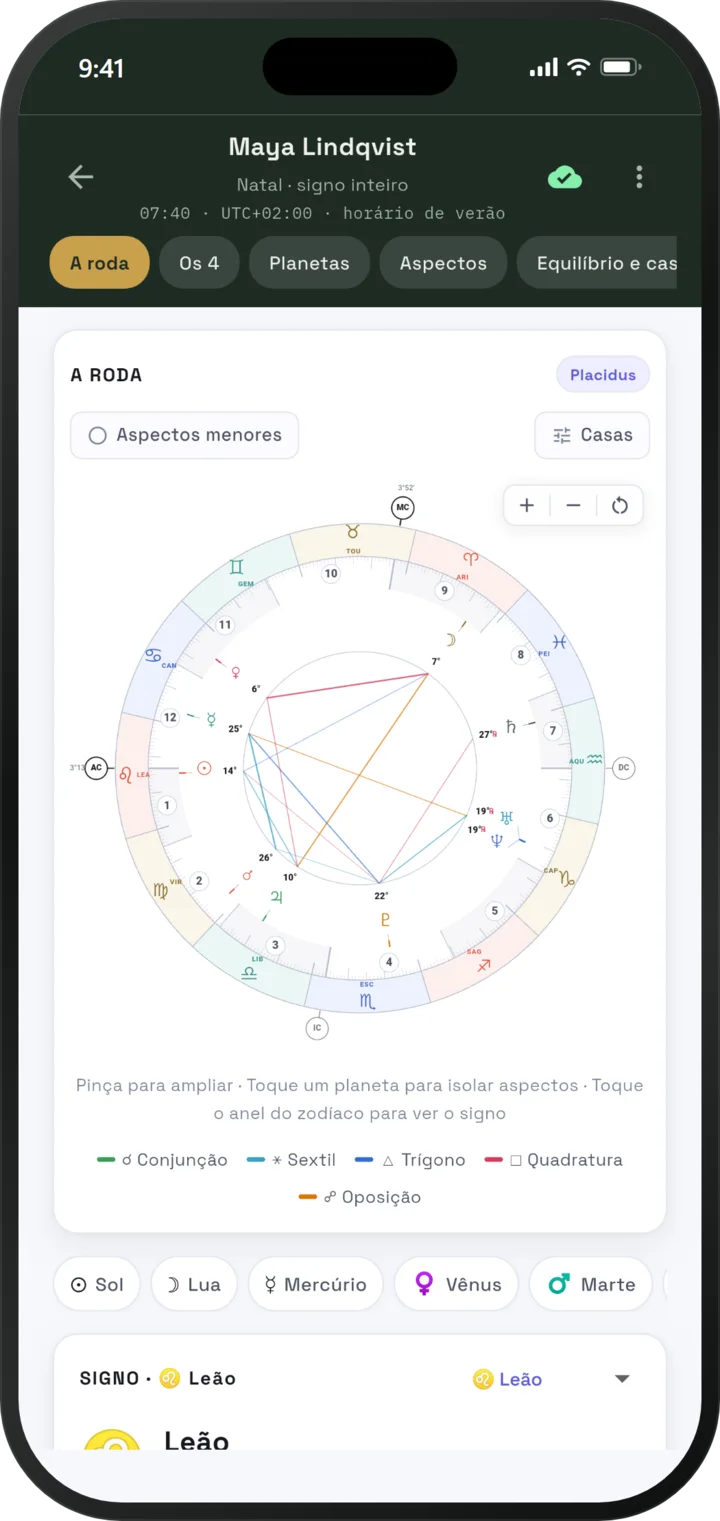 Roda do mapa natal do EsperOwl com casas e aspectos